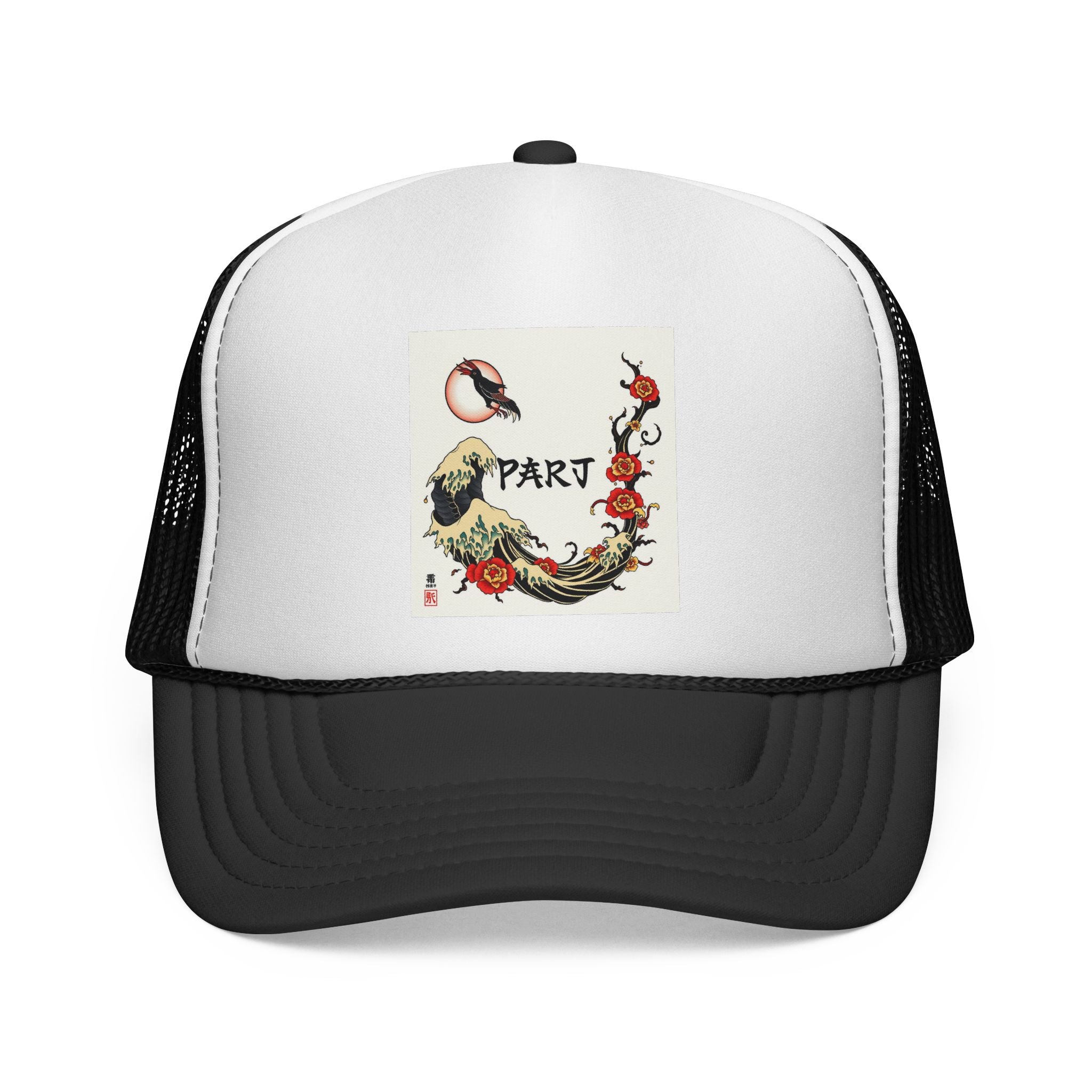 Japanese Wave and Crane Trucker Cap | Floral Koi Crest